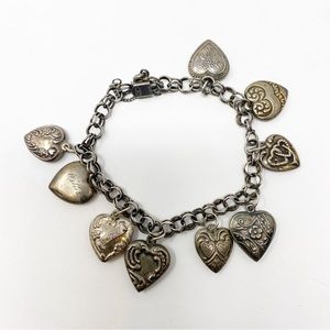 706 Vintage Heart Sterling Silver Charm Bracelet With 9 Charms
